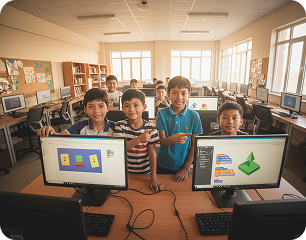 Boys at a computer lab showing work on their screens